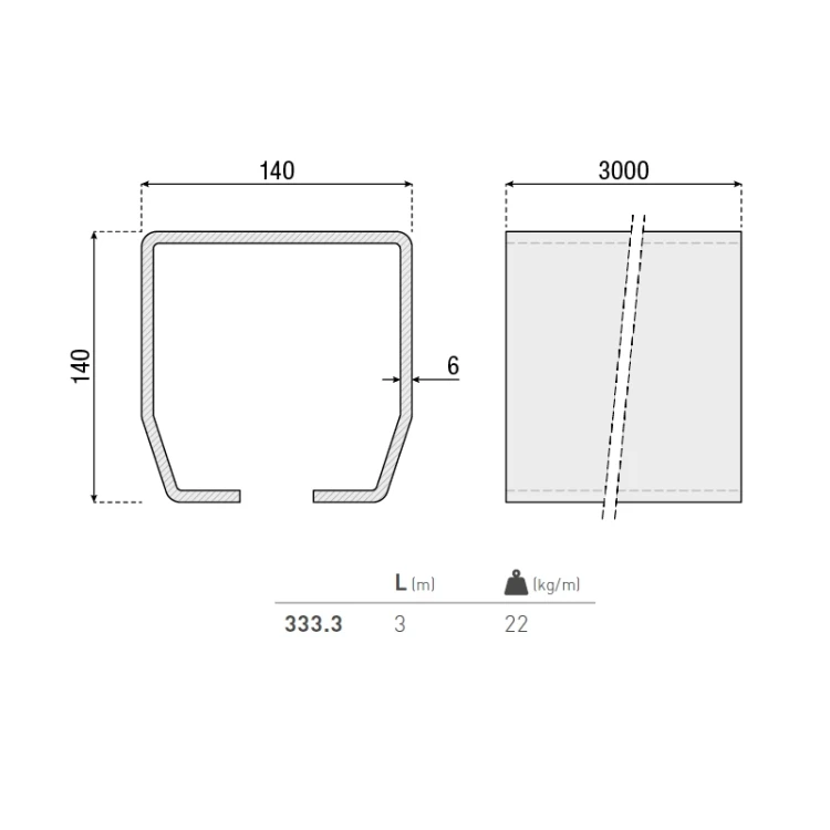 Szyna L-3m 140x140x5mm seria XL 333.3 HI-MOTIONS wymiary.webp