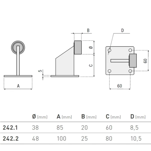 Ogranicznik ruchu przykręcany z podstawą seria 242 HI-MOTIONS wymiary.webp