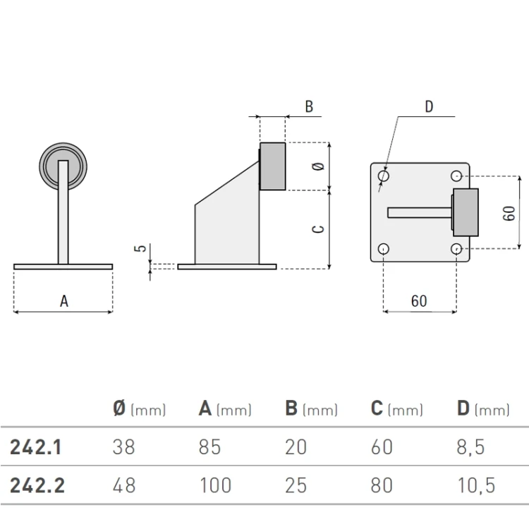 Ogranicznik ruchu przykręcany z podstawą seria 242 HI-MOTIONS wymiary.webp