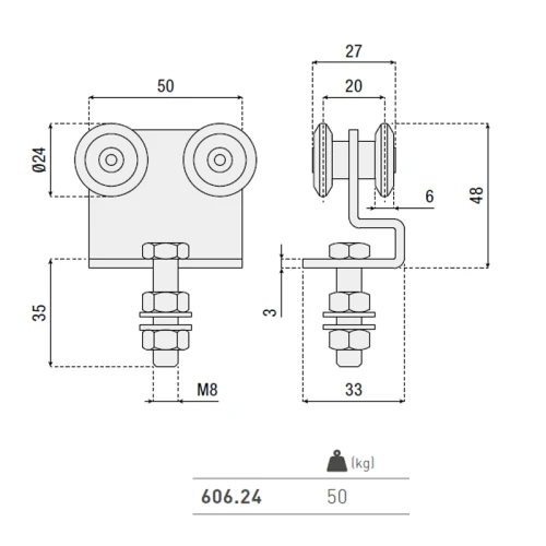 Rolka do bram podwieszanych seria 606.24 HI-MOTIONS wymiary.webp