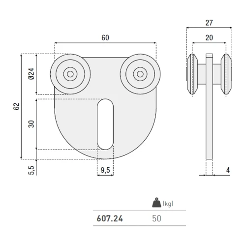Rolka do bram podwieszanych seria 607.24 HI-MOTIONS wymiary.webp