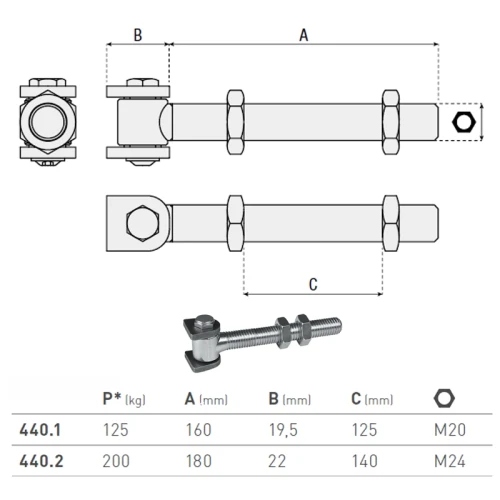 Zawias do przyspawania, z długim gwintem - seria 440 HI MOTIONS  wymiary.webp