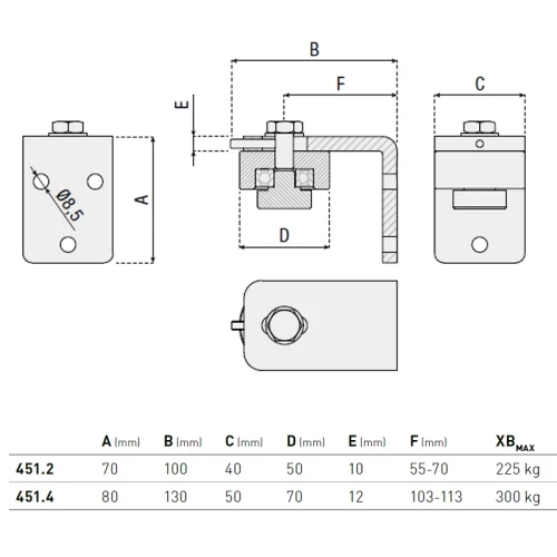 Zawias ze wspornikiem, przykręcany - seria 451 HI-MOTIONS wymiary.webp