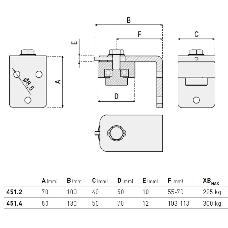Zawias ze wspornikiem, przykręcany - seria 451 HI-MOTIONS wymiary.webp