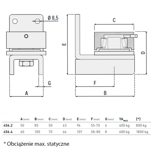 Zawias do przykręcania, dolny łożyskowany - seria  456 HI-MOTIONS  wymiary.webp