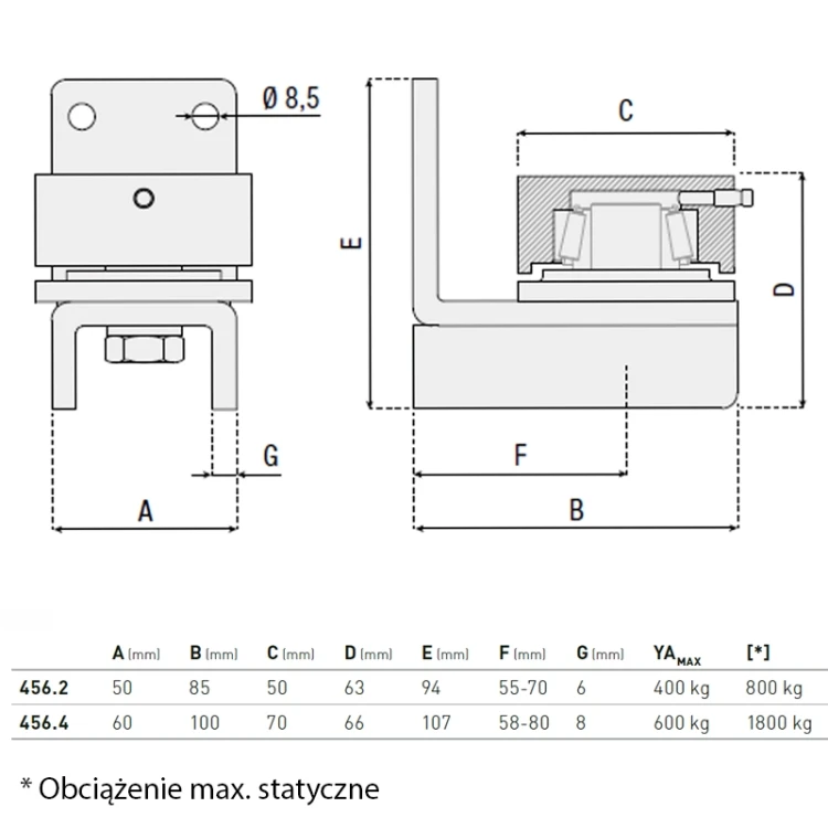Zawias do przykręcania, dolny łożyskowany - seria  456 HI-MOTIONS  wymiary.webp