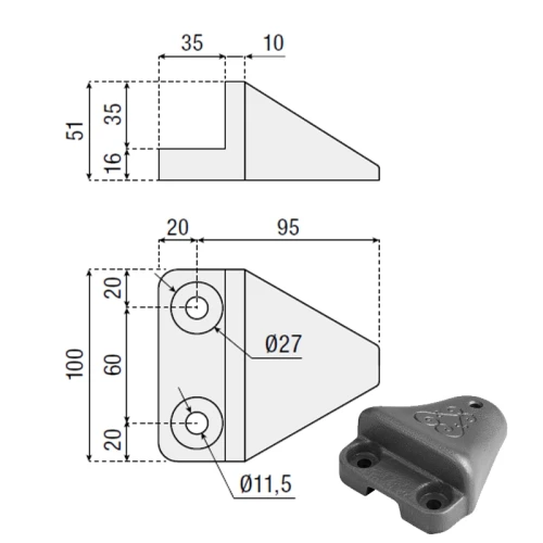 Ogranicznik żeliwny z otworami montażowymi 533.1 HI-MOTIONS wymiary.webp