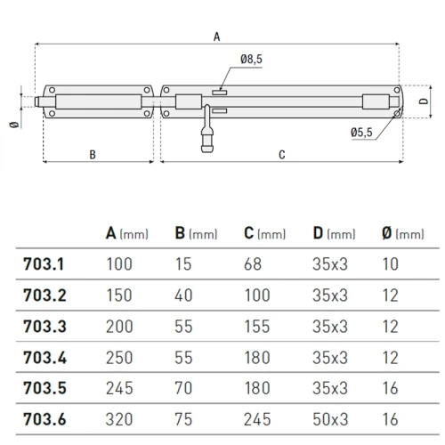 Rygiel poziomy z uchwytem na kłódkę i otworami mocującymi - seria 703 HI-MOTIONS wymiary.webp