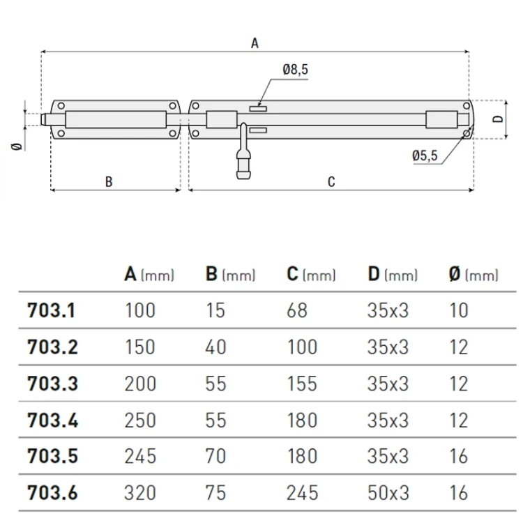 Rygiel poziomy z uchwytem na kłódkę i otworami mocującymi - seria 703 HI-MOTIONS wymiary.webp