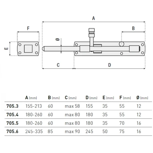 Rygiel pionowy z uchwytem na kłódkę i otworami mocującymi - seria 705 HI-MOTIONS wymiary.webp