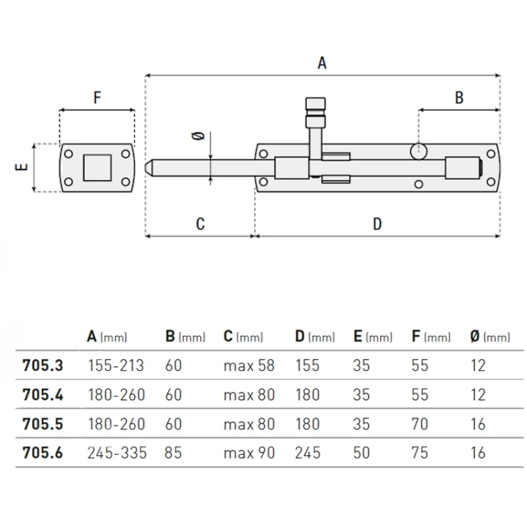 Rygiel pionowy z uchwytem na kłódkę i otworami mocującymi - seria 705 HI-MOTIONS wymiary.webp